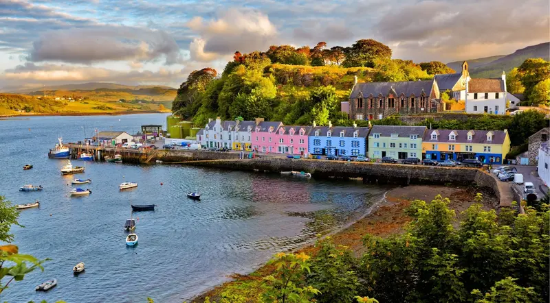 Portree harbour at sunset on the Isle of Skye