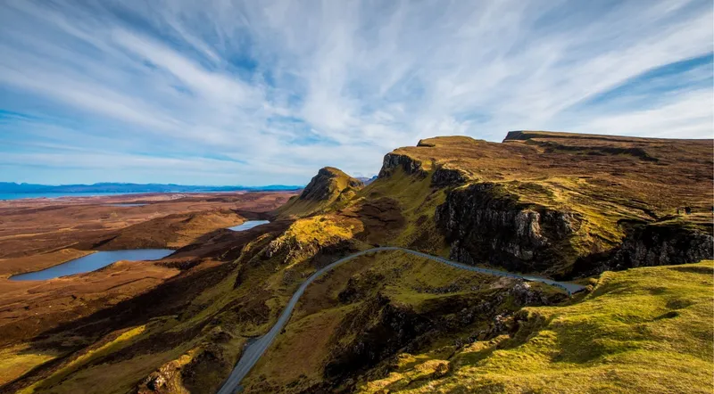 The Quiraing landslip and winding road on the Isle of Skye